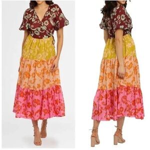 ALÉMAIS Alemais 100% Linen Multicolor Luis Wrap Puff Sleeve Midi Wrap Dress